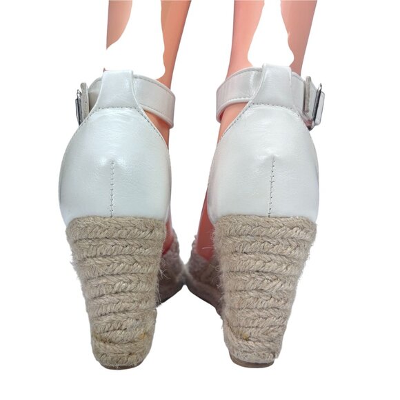 White Crochet Espadrille Wedge Sandals With Ankle Strap & Buckle Closure - Picture 6 of 9